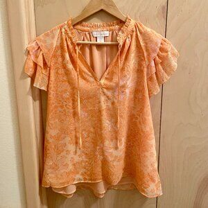 House of Harlow Flowy Bohemian Flutter Sleeve Blouse in Apricot and Blush Hues